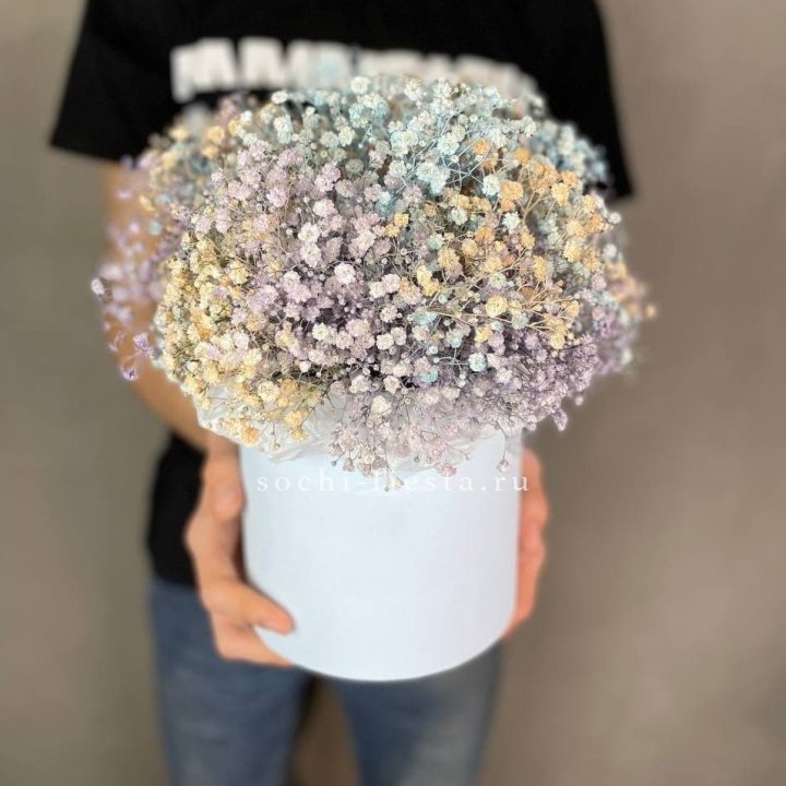 9 Радужных гипсофил в шляпной коробке в Перми